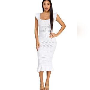 Nwt Spring Haze White Crochet Knit Flutter Cap Sleeves Square Neck Midi Dress